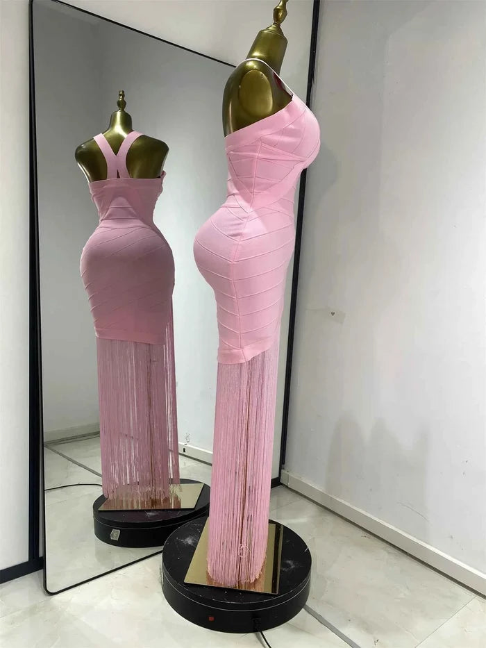 Raelynn Baby Pink Fringed Bandage Bodycon Dress V-Neck