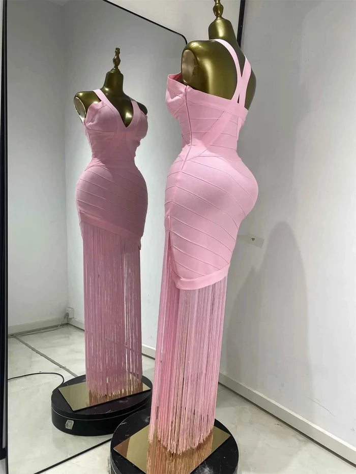 Raelynn Baby Pink Fringed Bandage Bodycon Dress V-Neck
