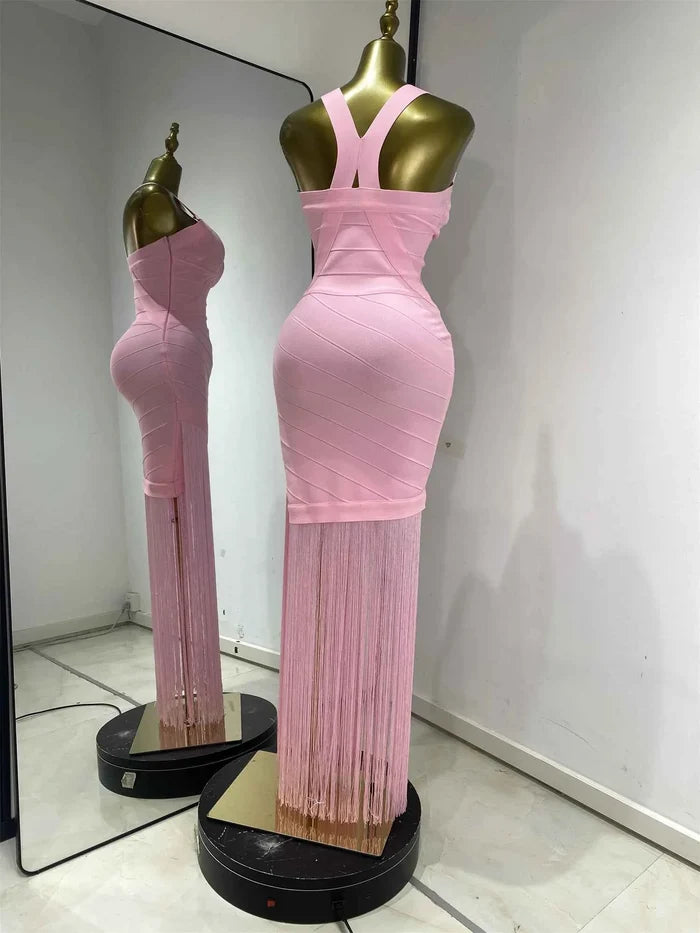 Raelynn Baby Pink Fringed Bandage Bodycon Dress V-Neck