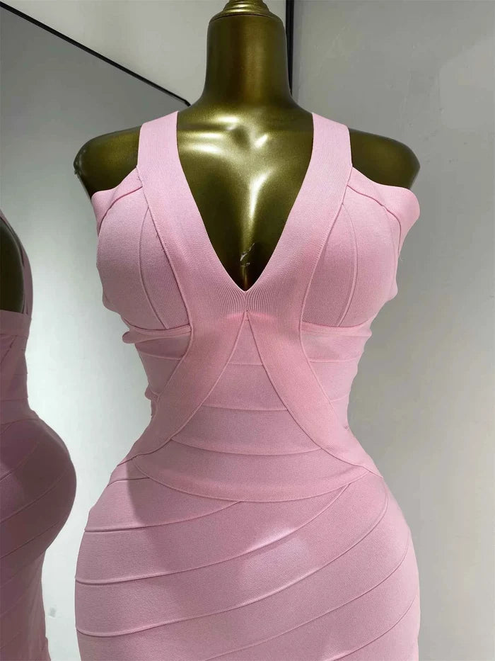 Raelynn Baby Pink Fringed Bandage Bodycon Dress V-Neck