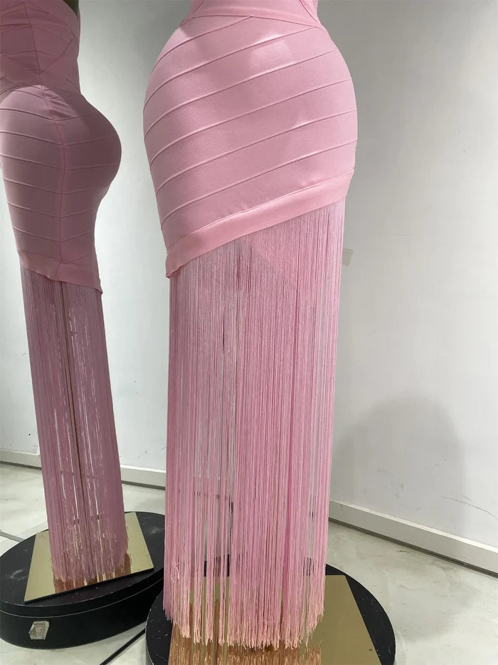 baby pink fringed sleeveless V-neck bandage bodycon dress for party and brunch styling