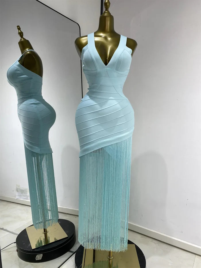 baby pink fringed sleeveless V-neck bandage bodycon dress for party and brunch styling