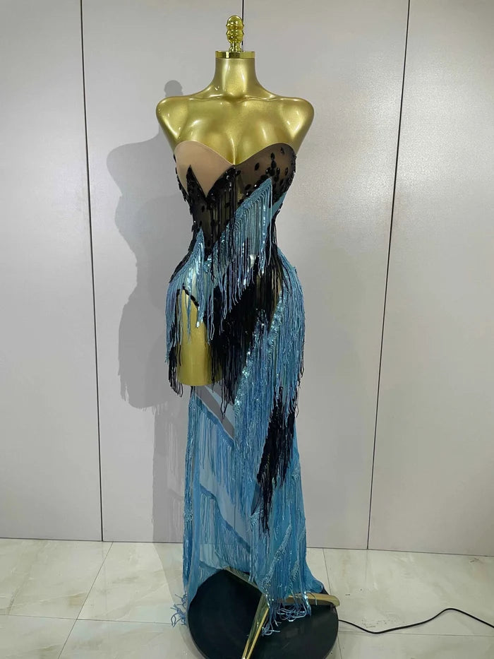 Railey Sparkly Diamond Tassel Side Slit Strapless Mesh Long Dress