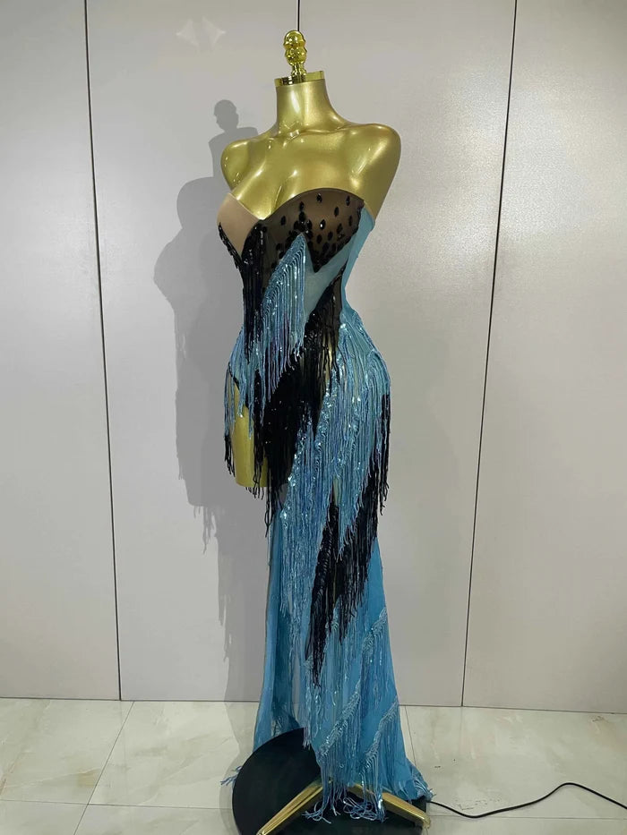 Railey Sparkly Diamond Tassel Side Slit Strapless Mesh Long Dress