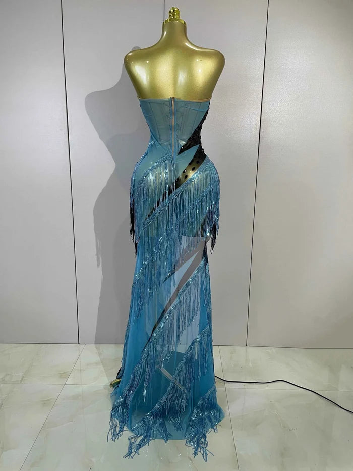 Railey Sparkly Diamond Tassel Side Slit Strapless Mesh Long Dress