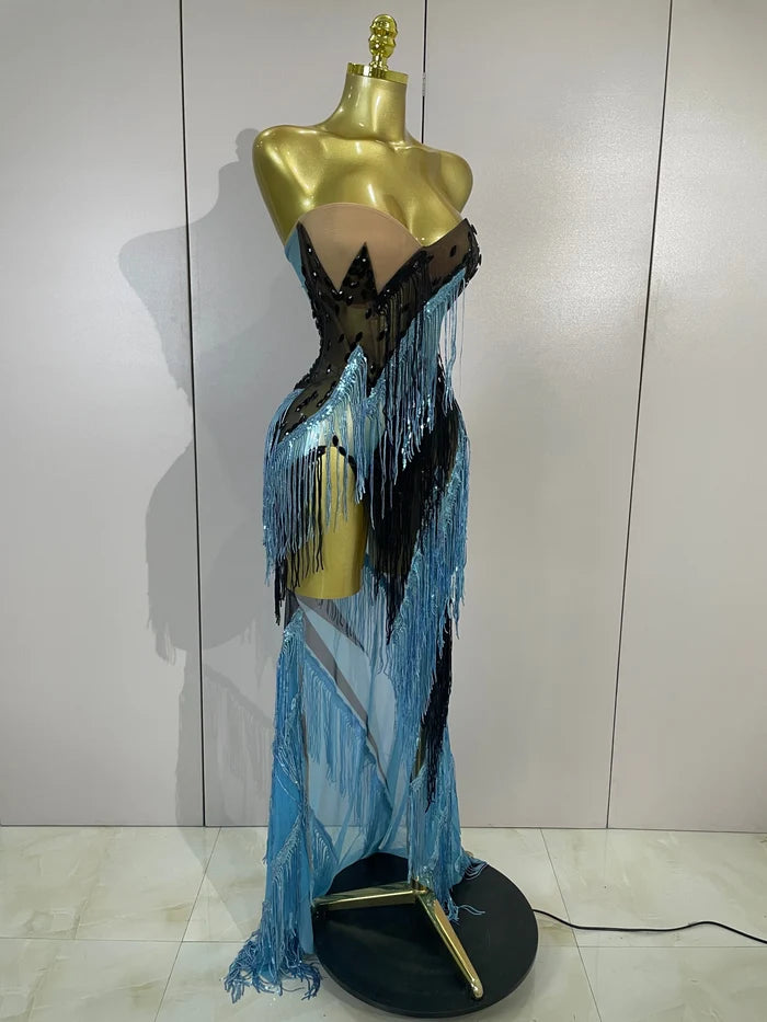 Railey sparkly diamond tassel side slit strapless mesh see-through long dress for nightclub and stage performance styling