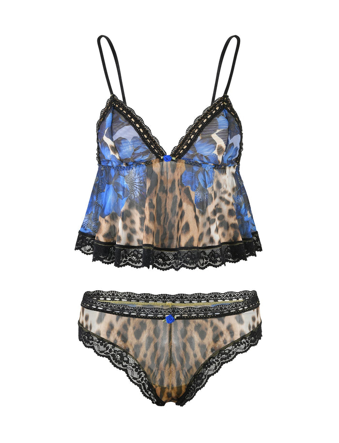 Introducing the RAJA SET - MULTI : LEOPARD by TIGERMIST, a stunning lingerie ensemble featuring a camisole and matching panties. This set boasts a captivating leopard print combined with vibrant blue floral patterns. Both pieces are elegantly trimmed with black lace, and the camisole is designed with delicate spaghetti straps. A charming small blue bow adorns the front of each piece, adding the perfect finishing touch.