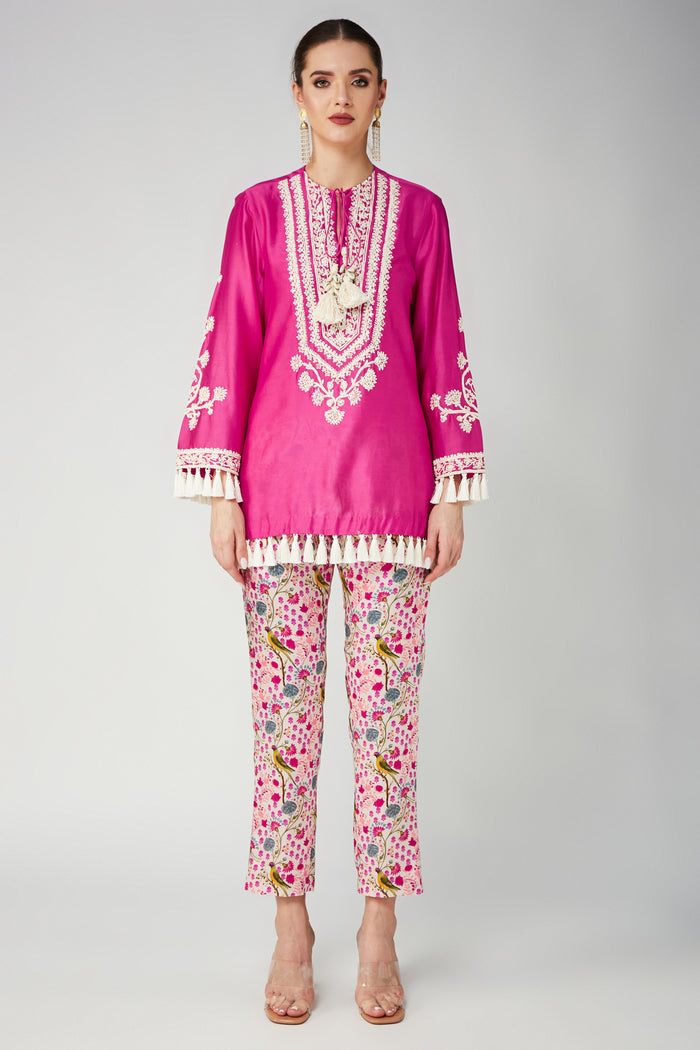Rani pink Chanderi Silk Embroidered kurta and White Parrot Pant, White Parrot Mashroo Cotton Satin Narrow Pants, Flared sleeves with tassels, Machine and Hand embroidered, BeTrue, Be True