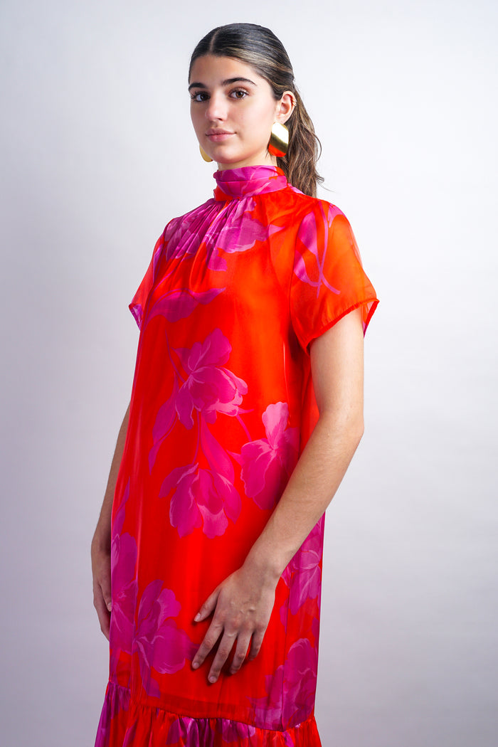 Red-Fuchsia Organza Mock Neck Maxi Dress