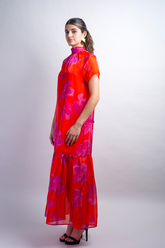 Red-Fuchsia Organza Mock Neck Maxi Dress