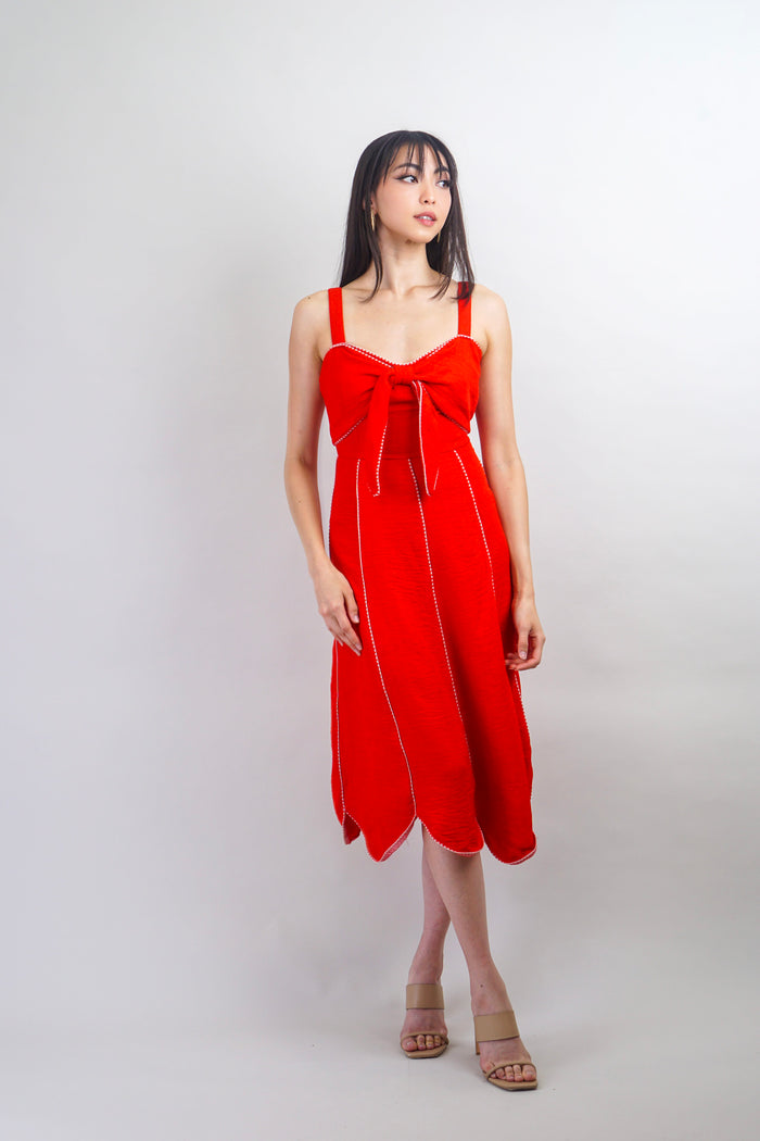 Private Label DRESSES Red with White Trim Sweetheart Bow Midi Dress