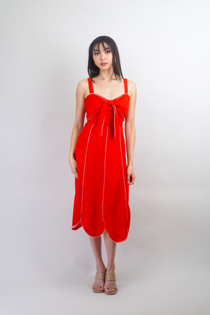 Private Label DRESSES Red with White Trim Sweetheart Bow Midi Dress