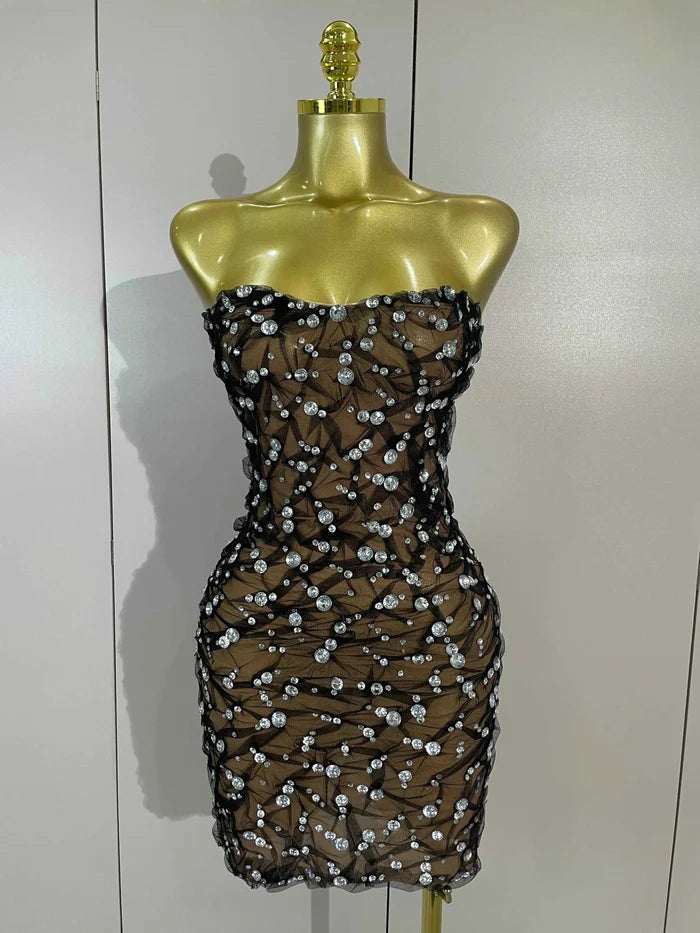 Reiley Rhinestone Strapless Mesh See Through Mini Dress