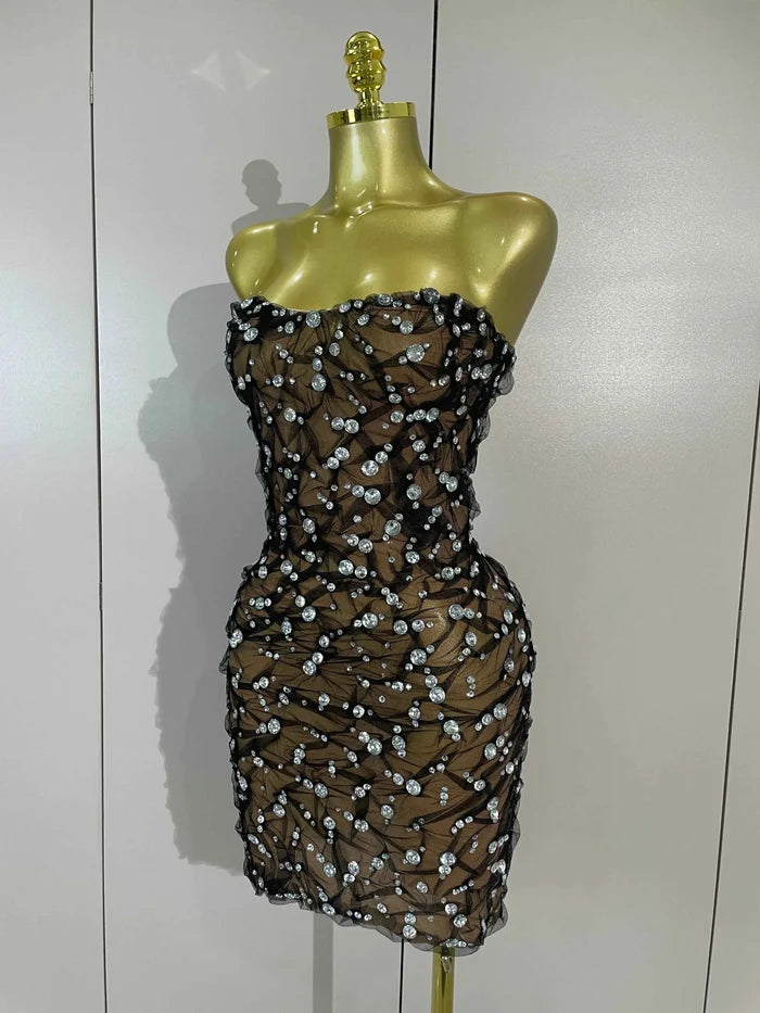 Reiley Rhinestone Strapless Mesh See Through Mini Dress