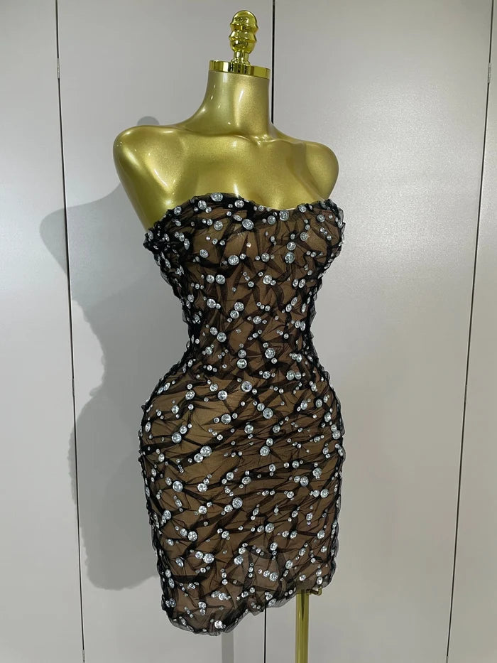 Reiley rhinestone strapless mesh see through mini dress for women. Sexy sparkly outfit for birthdays, nightlife, and parties.