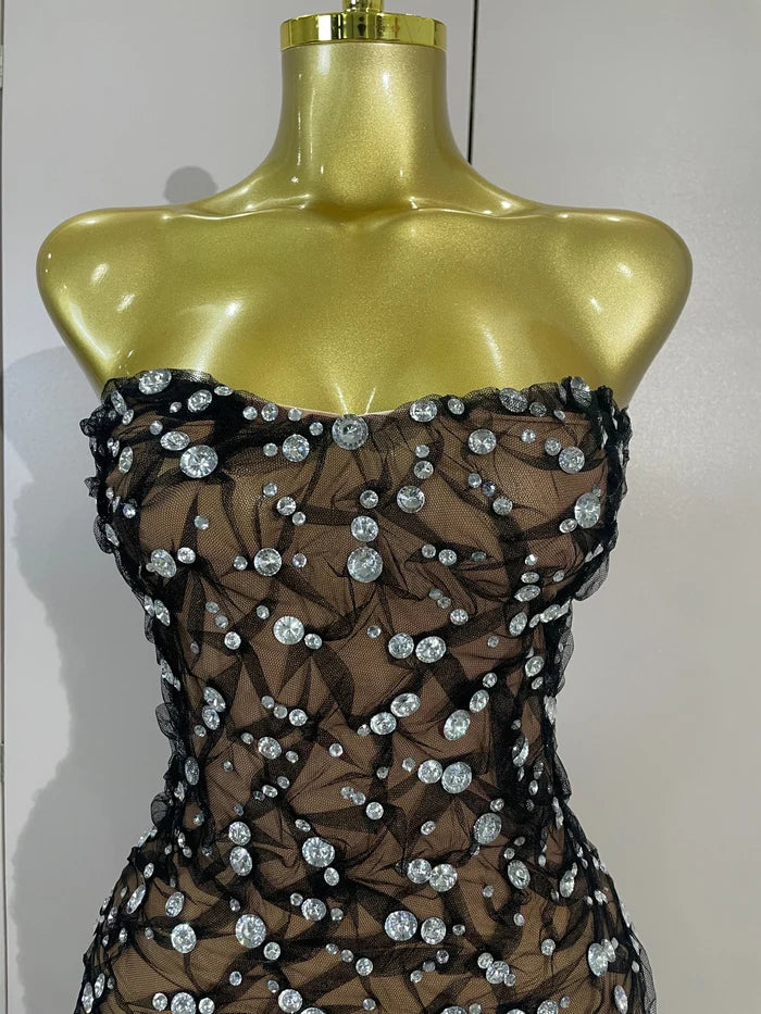 Reiley rhinestone strapless mesh see through mini dress for women. Sexy sparkly outfit for birthdays, nightlife, and parties.