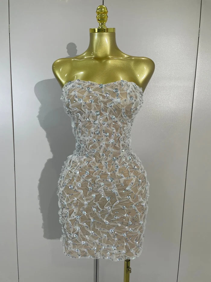 Reiley rhinestone strapless mesh see through mini dress for women. Sexy sparkly outfit for birthdays, nightlife, and parties.