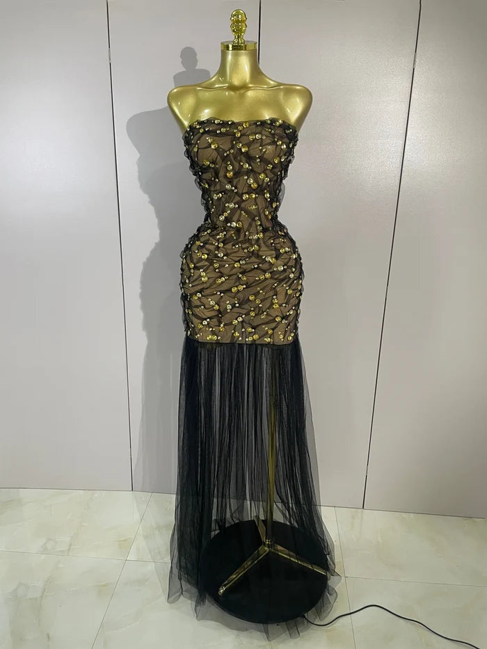 Reiley rhinestone strapless mesh see through mini dress for women. Sexy sparkly outfit for birthdays, nightlife, and parties.