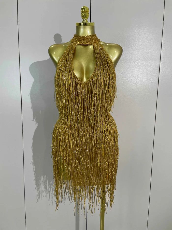 Rhaena Shiny Gold Rhinestone Tassel Mini Dress