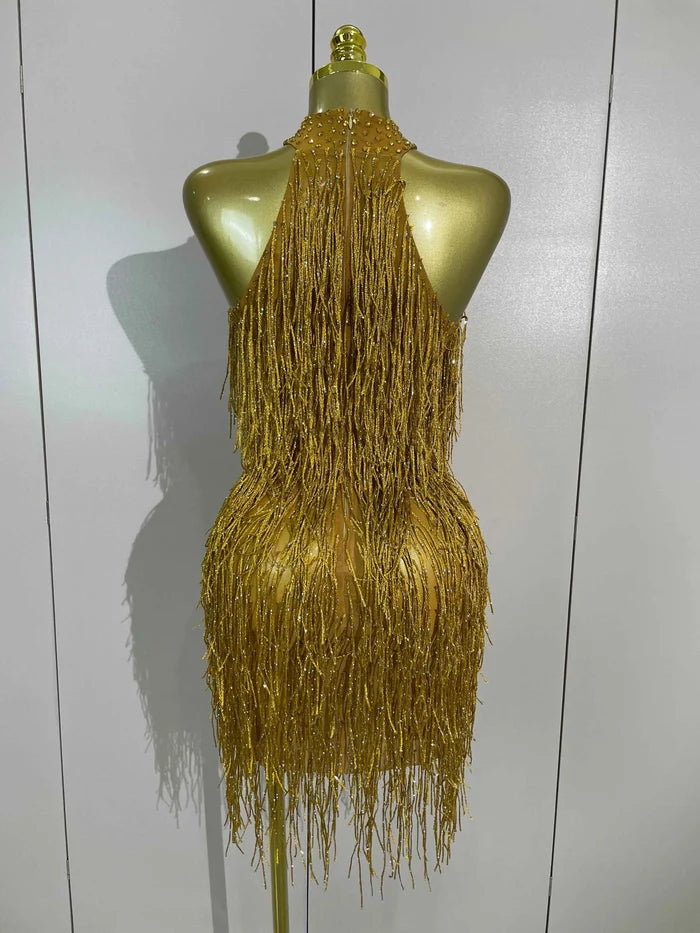 Rhaena Shiny Gold Rhinestone Tassel Mini Dress