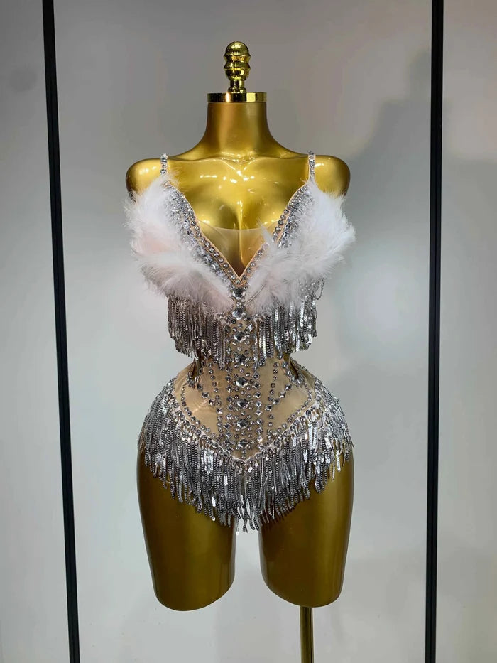 Rhia Sparkly Rhinestone Tassel Feather See-Through Bodysuit
