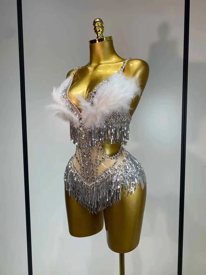 Rhia Sparkly Rhinestone Tassel Feather See-Through Bodysuit