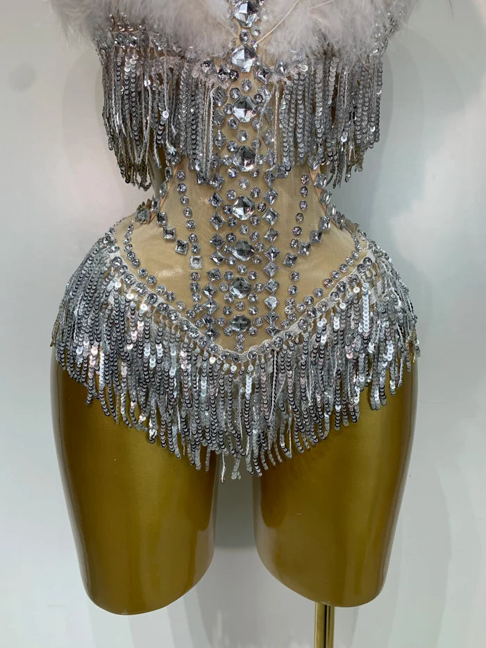 Rhia sparkly rhinestone tassel feather see-through bodysuit for nightclub and stage performance styling