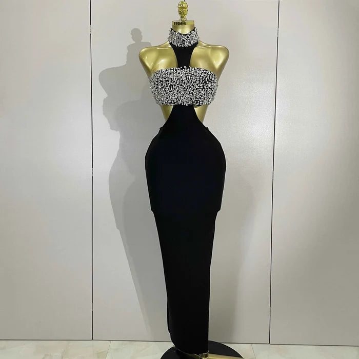 Rhian Crystal Rhinestone Black Backless Bodycon Bandage Dress for Women
