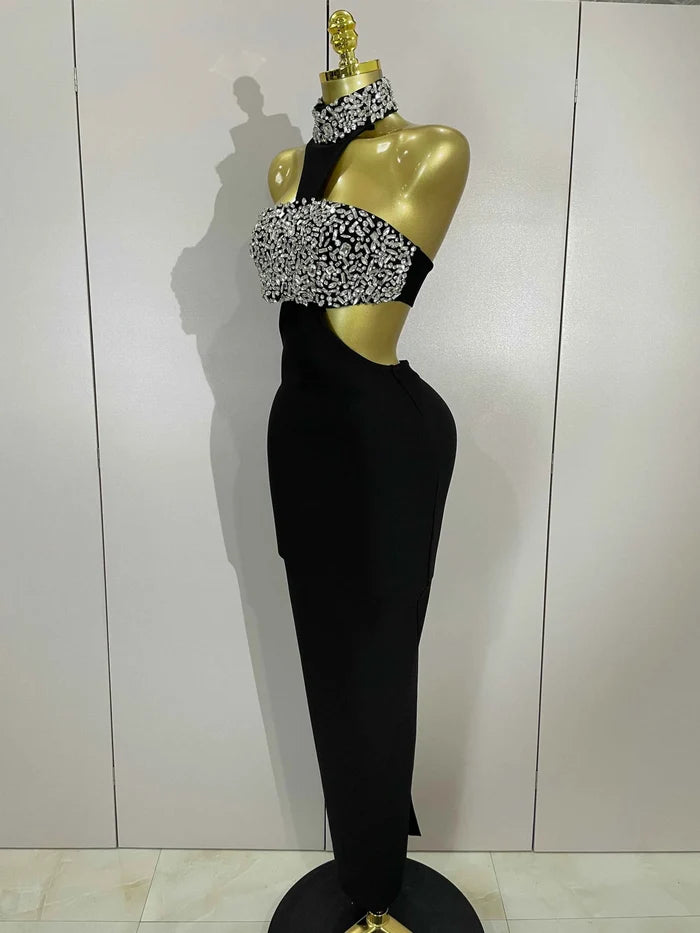 Rhian Crystal Rhinestone Black Backless Bodycon Bandage Dress for Women
