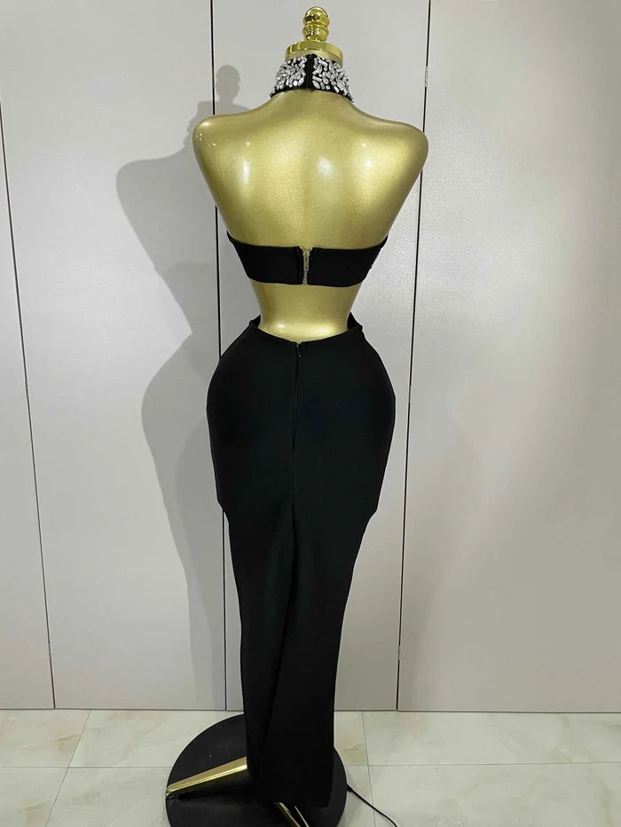Rhian Crystal Rhinestone Black Backless Bodycon Bandage Dress for Women