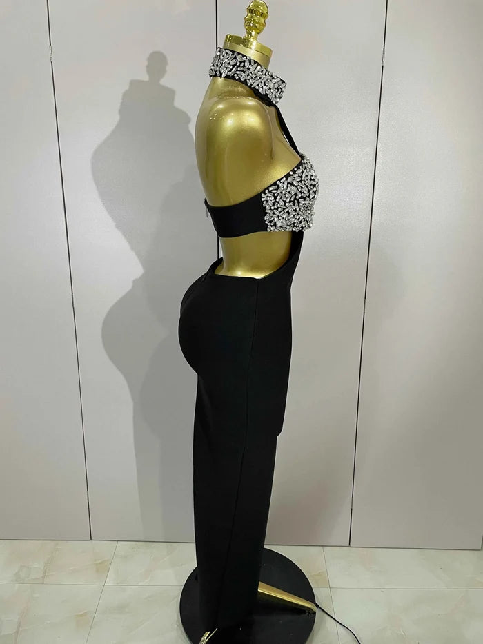 Rhian Crystal Rhinestone Black Backless Bodycon Bandage Dress for Women