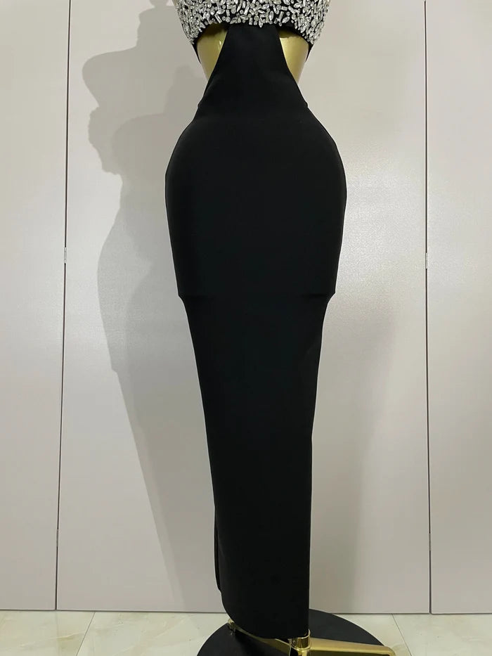 Shine in the Rhian black crystal rhinestone backless bodycon bandage dress. Elegant party dress for birthdays, cocktails, and evening events.