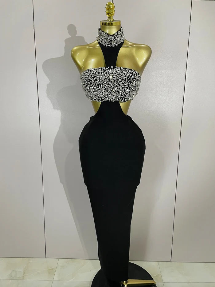 Shine in the Rhian black crystal rhinestone backless bodycon bandage dress. Elegant party dress for birthdays, cocktails, and evening events.