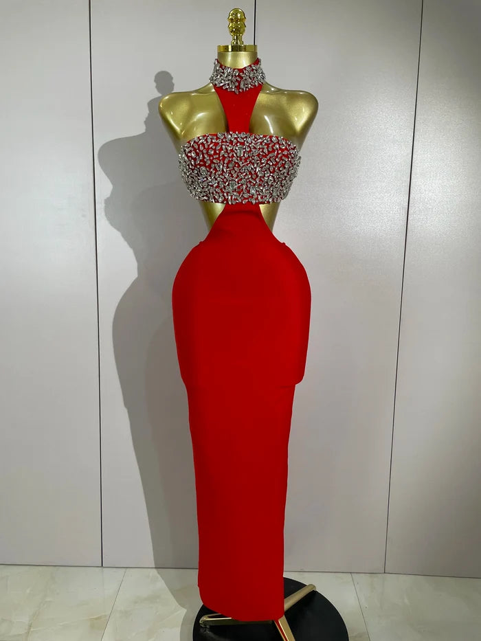 Shine in the Rhian black crystal rhinestone backless bodycon bandage dress. Elegant party dress for birthdays, cocktails, and evening events.