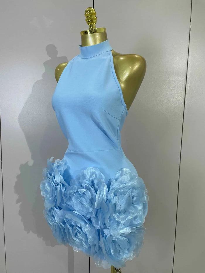 Rica Sky Blue Satin 3D Flower Halter Bodycon Bandage Mini Dress for Women