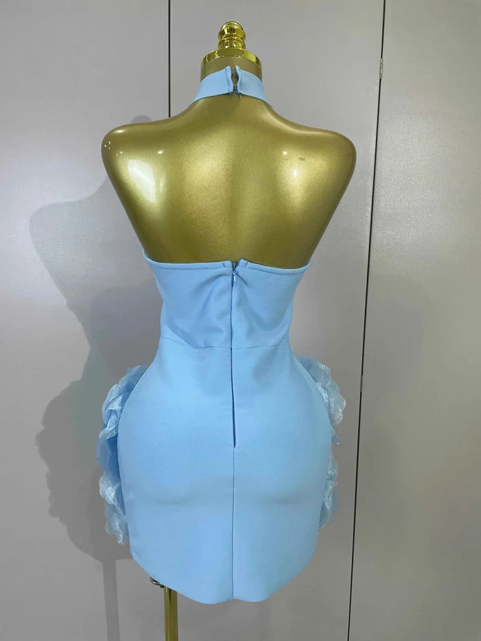 Rica Sky Blue Satin 3D Flower Halter Bodycon Bandage Mini Dress for Women