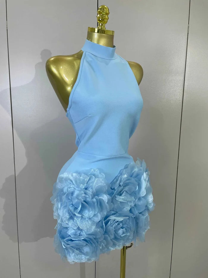 Rica Sky Blue Satin 3D Flower Halter Bodycon Bandage Mini Dress for Women