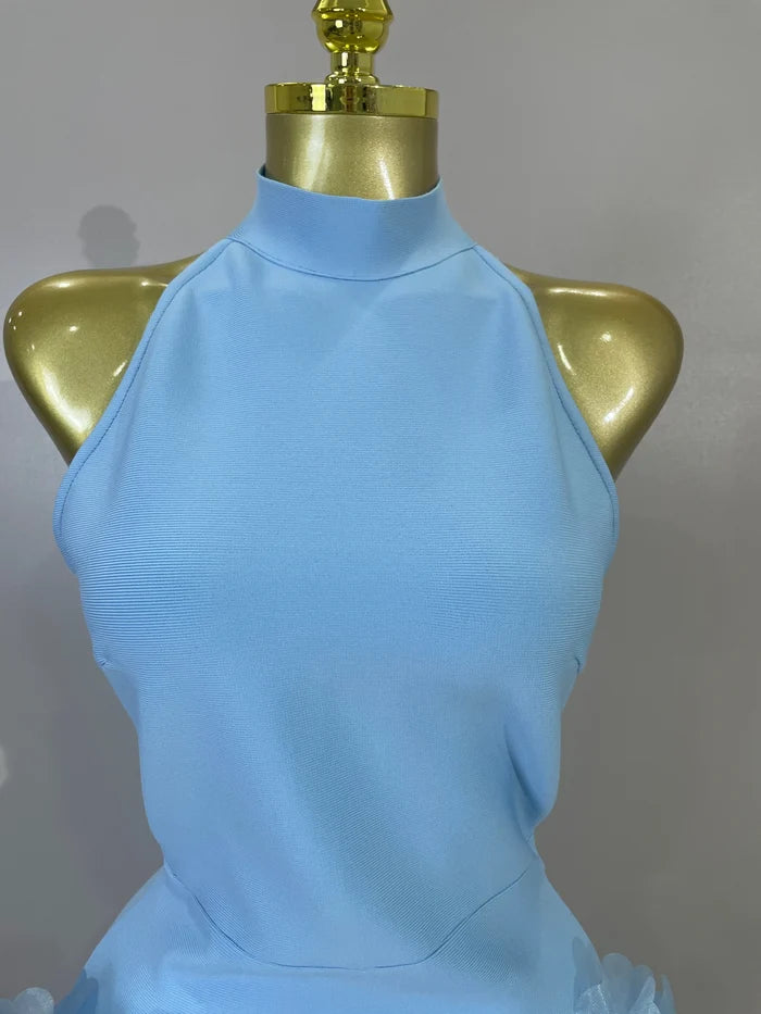 Look elegant in the Rica sky blue satin halter bodycon mini dress with 3D flowers. Perfect for birthdays, weddings, cocktail parties, and events.