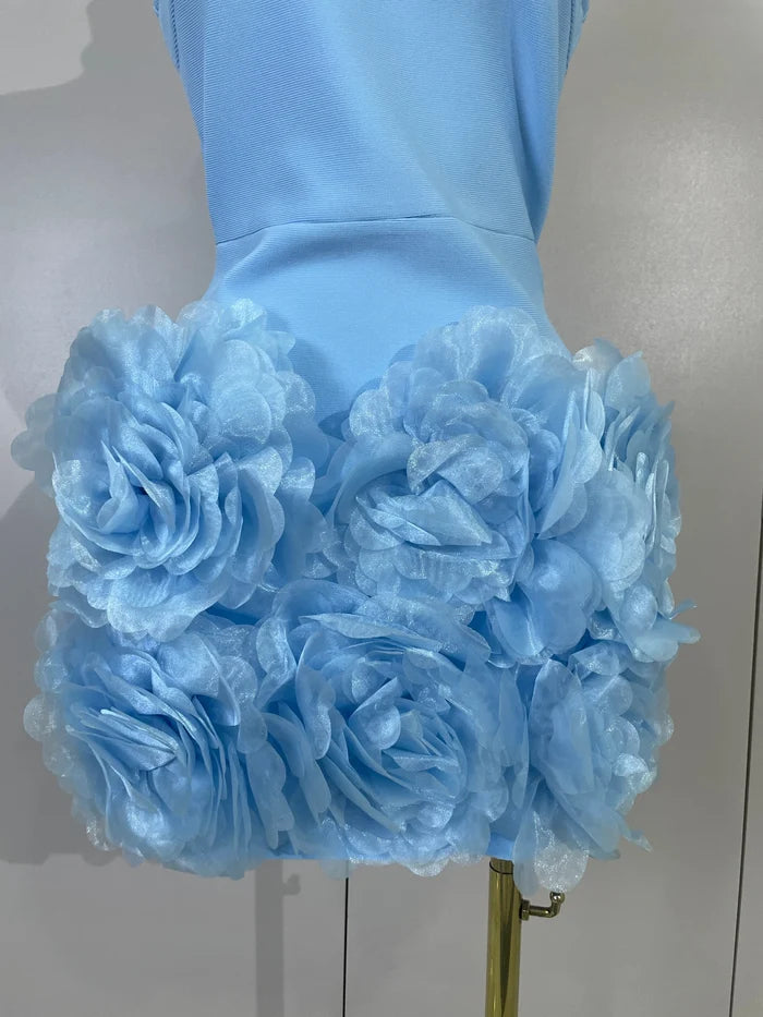 Look elegant in the Rica sky blue satin halter bodycon mini dress with 3D flowers. Perfect for birthdays, weddings, cocktail parties, and events.
