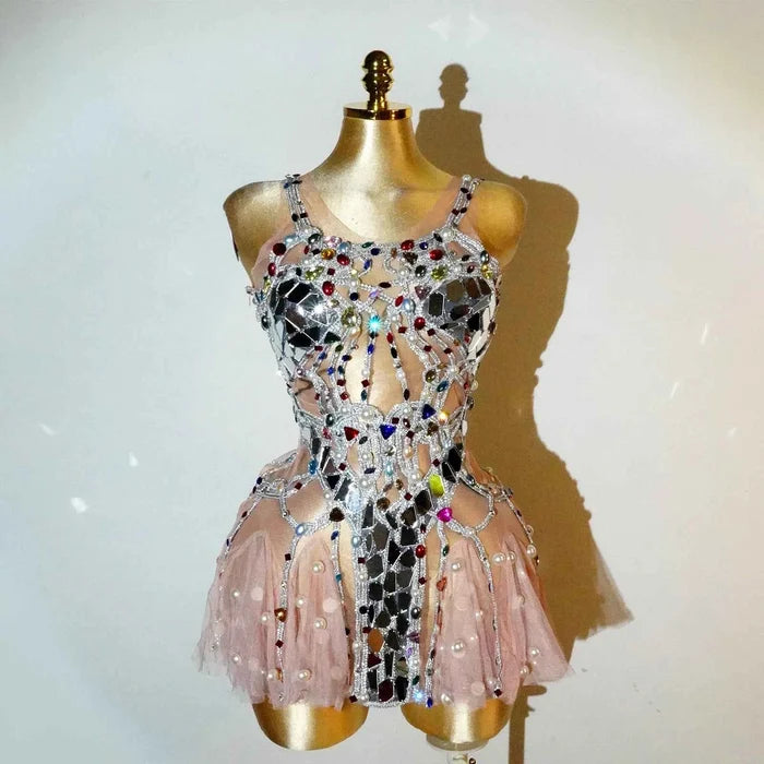 Rita Crystal Mirror Pearl See-through Mini Dress