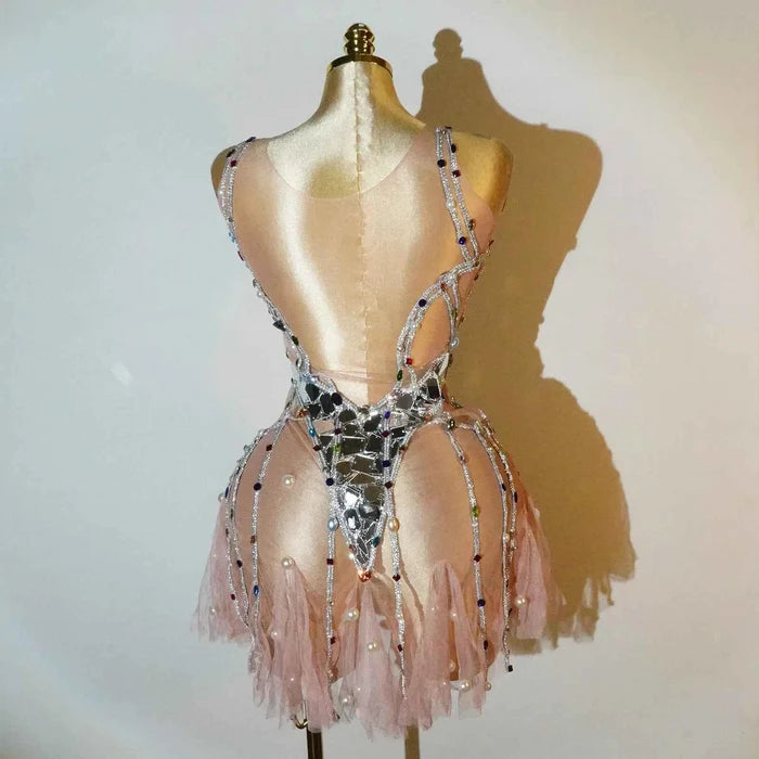 Rita Crystal Mirror Pearl See-through Mini Dress