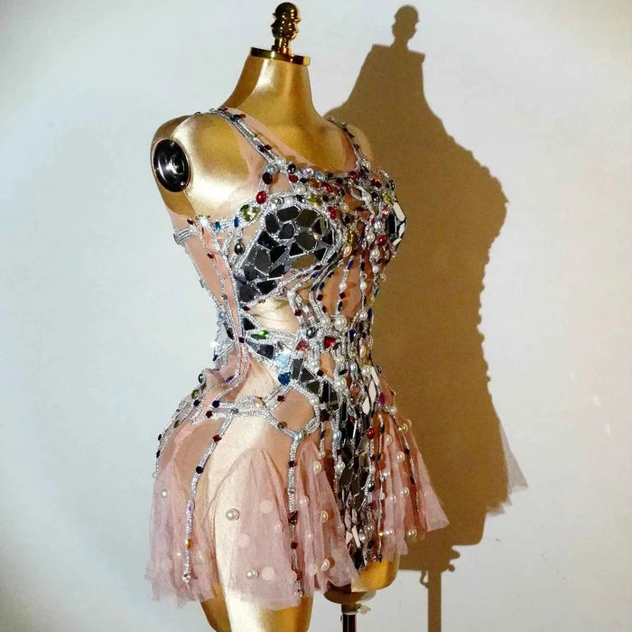 Rita Crystal Mirror Pearl See-through Mini Dress