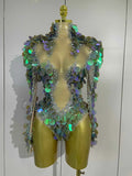 Rita Sparkly Rhinestones Colorful Sequins Sexy Mesh Stretch Bodysuits