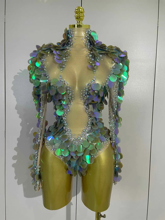 Rita Sparkly Rhinestones Colorful Sequins Sexy Mesh Stretch Bodysuits