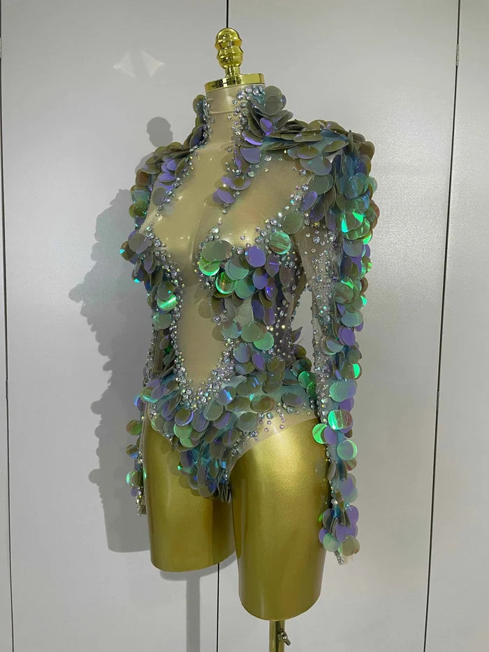 Rita Sparkly Rhinestones Colorful Sequins Sexy Mesh Stretch Bodysuits
