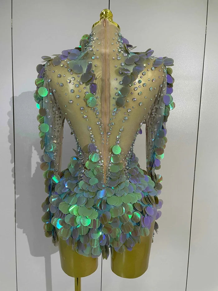 Rita Sparkly Rhinestones Colorful Sequins Sexy Mesh Stretch Bodysuits