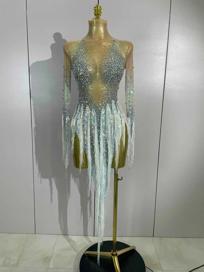 Riza Rhinestone Tassel Long Sleeve Mesh Mini Dress