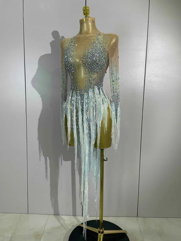 Riza Rhinestone Tassel Long Sleeve Mesh Mini Dress
