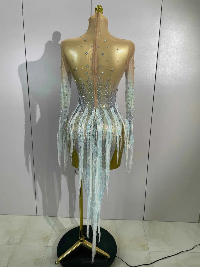 Riza Rhinestone Tassel Long Sleeve Mesh Mini Dress