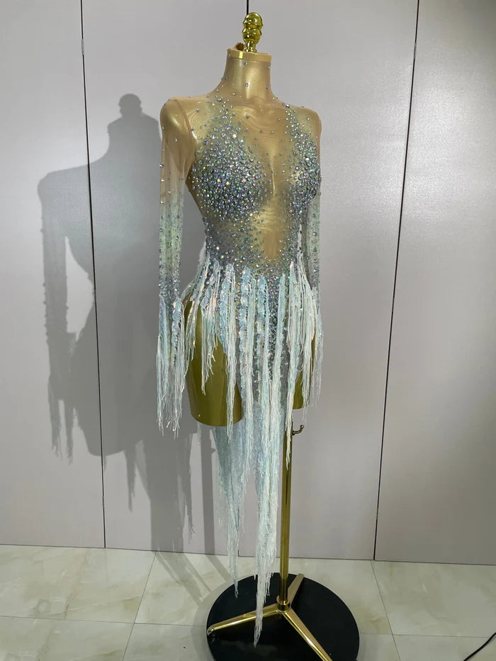 Riza rhinestone tassel long sleeve mesh mini dress for women. Sexy party outfit for Latin dance, nightclub, and club events.